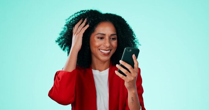 Black woman, face and selfie with afro in studio for smile, beauty or social media by blue background. Gen z girl, profile picture or fix hair on blog, app ux or business with happiness for aesthetic
