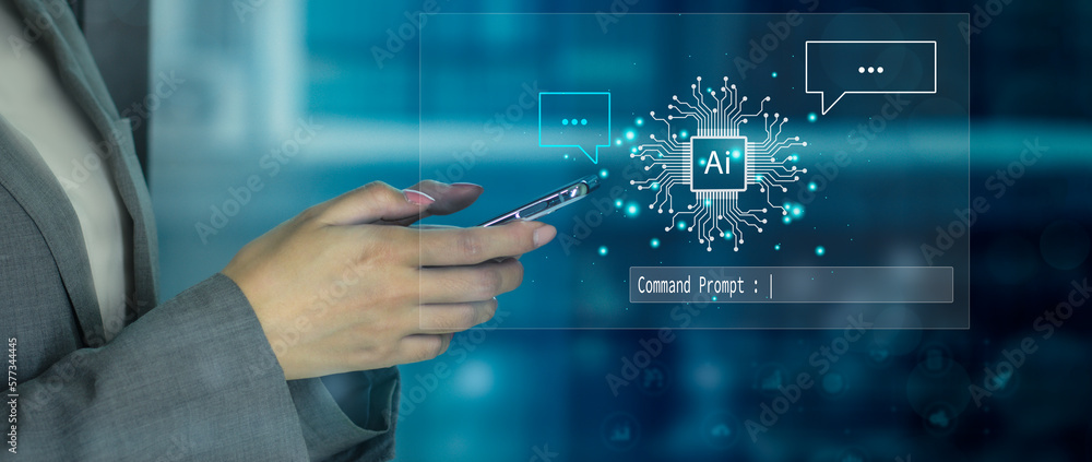 Poster businesswoman using smartphone chatbot in computer smart intelligence ai.chat with ai artificial int