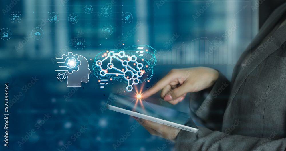 Poster businessman touch cloud computing icon network. ai cloud technology, cloud data transfer and online 