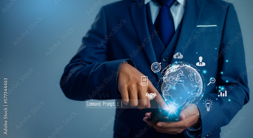 Poster businessman using smart phone mobile. business global internet connection application technology and
