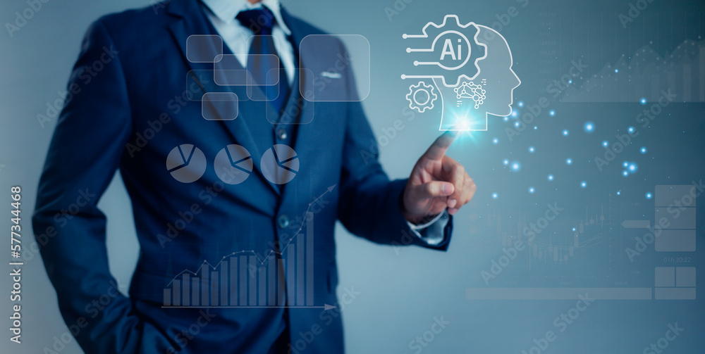Poster ai learning and artificial intelligence concept - icon graphic interface, machine thinking and ai ar