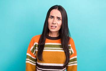 Photo of young funny unhappy grimace disgusting reaction stressed woman brunette hair questioned bad news isolated on cyan color background - obrazy, fototapety, plakaty