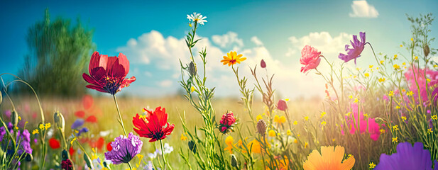 Meadow full of colorful flowers in springtime. Panoramic view. Generative AI