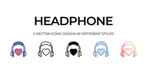 headphone Icon Design in Five style with Editable Stroke. Line, Solid, Flat Line, Duo Tone Color, and Color Gradient Line. Suitable for Web Page, Mobile App, UI, UX and GUI design.