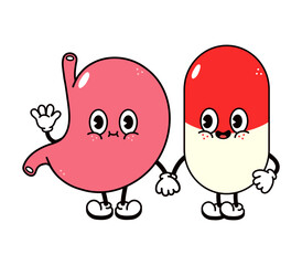 Cute, funny happy stomach and pill character. Vector hand drawn cartoon kawaii characters, illustration icon. Funny cartoon stomach and pill friends concept