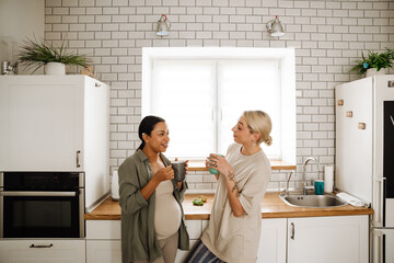 Smiling pregnant lesbian couple drinking tea in the kitchen