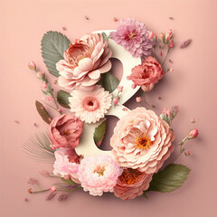 8 March, International Women's Day with pink flowers and pink background. AI generative.
