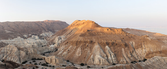 Mountains of the Jordan Valley near the southern coast of the Dead Sea (Israel) . Panorama