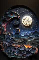 Paper quilling style night landscape. Created with Generative AI technology.