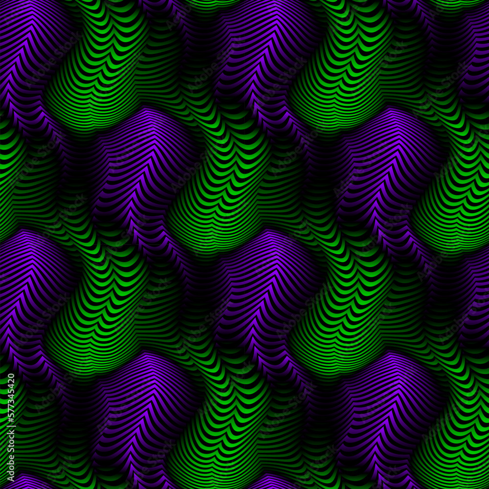 Poster vector repeatable pattern of unusual shapes from lines. optical art purple and green gradient colors