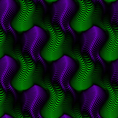Vector repeatable pattern of unusual shapes from lines. Optical art purple and green gradient colors texture for wallpaper design.