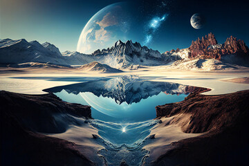 Fantasy alien planet blue landscape with moons rising and reflections in the water. Created with Generative AI technology. - obrazy, fototapety, plakaty