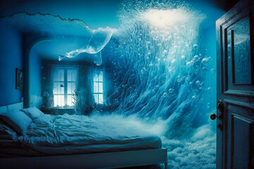Dream illustration with a blue bedroom opening to the ocean deeps. Dream and mind opening concept. Created with Generative AI technology.