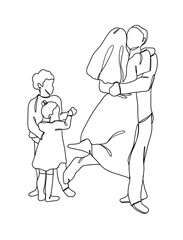 Continuous one line drawing of happy family. Vector illustration.
