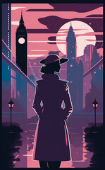Mysterious woman stands on a city streets in silhouette, noir theme vector art style. Generative AI