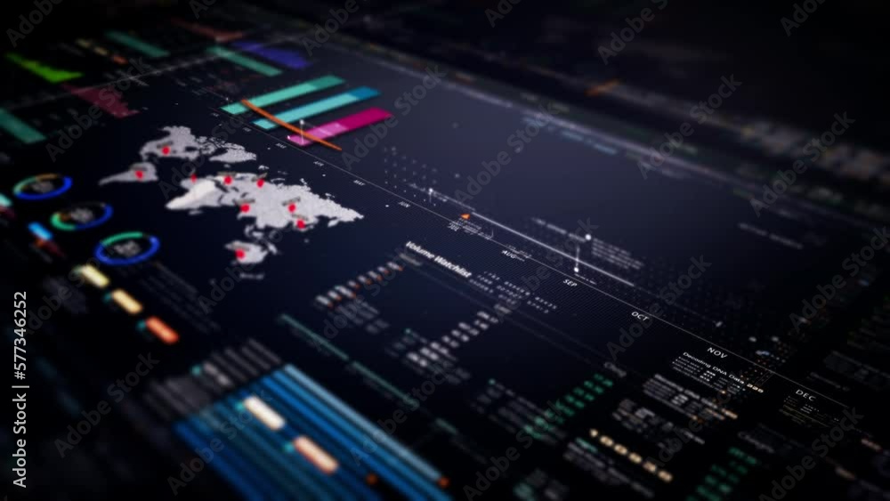 Poster Business stock market, trading, info graphic with animated graphs, charts and data numbers insight analysis to be shown on monitor display screen for business meeting mock up theme