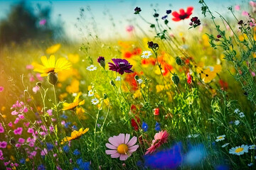 Fototapeta na wymiar Meadow full of colorful flowers in springtime. Generative AI