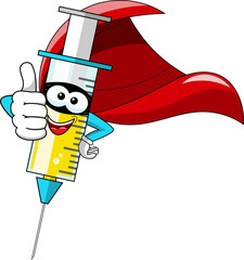 Smiling cartoon character mascot superhero medical syringe vaccine thumb up vector illustration isolated