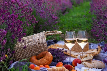 wine, fruits, berries, cheese, glasses picnic in lavender field. Selective focus