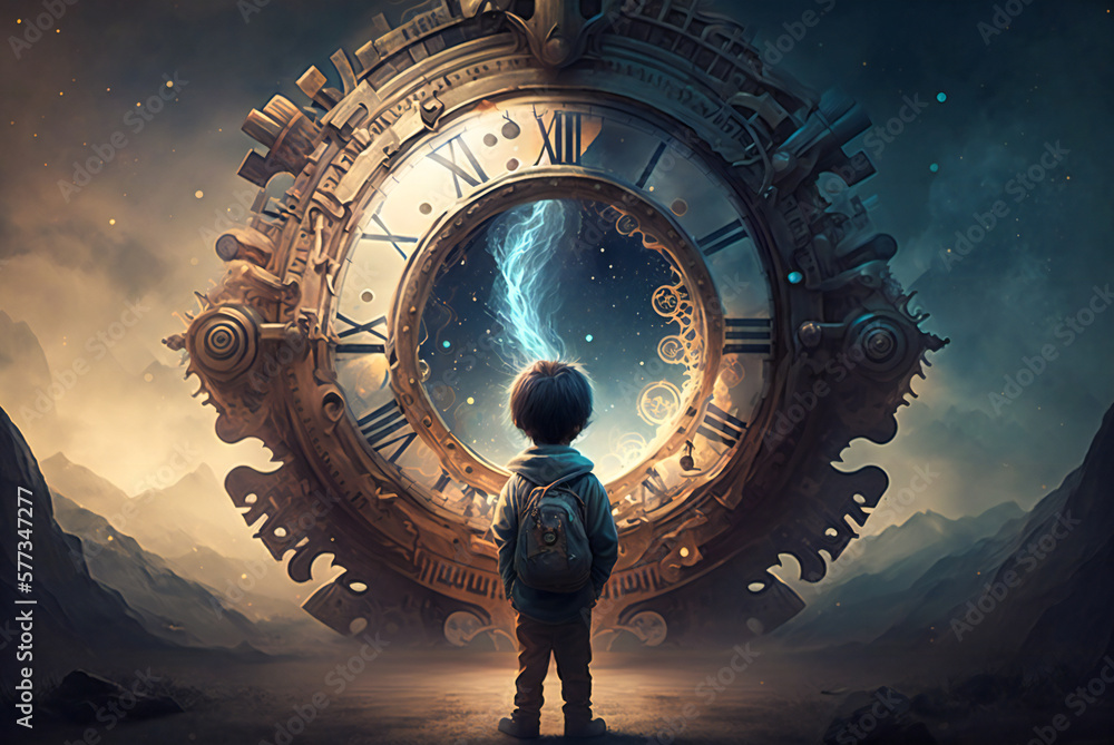 Poster surreal illustration of a person in front of a portal to another world, dimension or time. created w