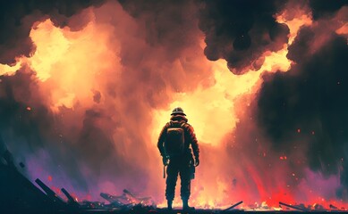 brave firefighter with axe standing in front of frightening explosion, digital art style, illustration painting, Generative AI