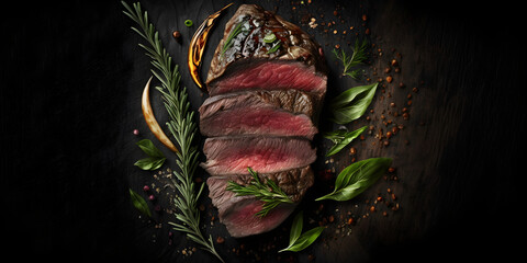 Medium-rare steak ribeye, fork and knife , herbs and spices on black stone background,top view, copy space. Juicy ribeye steak. Beautiful presentation of the finished dish. Created with Generative AI