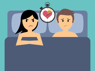 concept of premature ejaculation man sexual and relationship problem flat vector. - obrazy, fototapety, plakaty