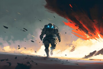 futuristic soldier running away from giant explosion, digital art style, illustration painting, Generative AI