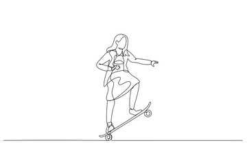 businesswoman stand and moving with skateboard. metaphor for business style