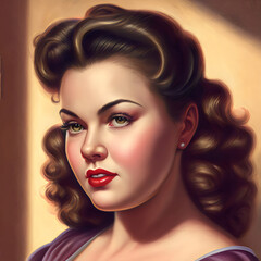 Fototapeta premium illustration of beautiful 1940s curvy pinup model woman with curl set hair, generative ai