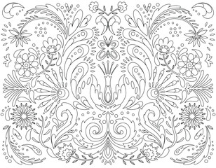 Mexican flower traditional pattern background in coloring style. Ethnic embroidery decoration ornament. Flower symmetry texture. Festive mexican floral motif. Vector illustration