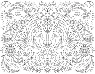 Mexican flower traditional pattern background in coloring style. Ethnic embroidery decoration ornament. Flower symmetry texture. Festive mexican floral motif. Vector illustration