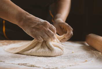 Hands of a woman kneading dough on a wooden table