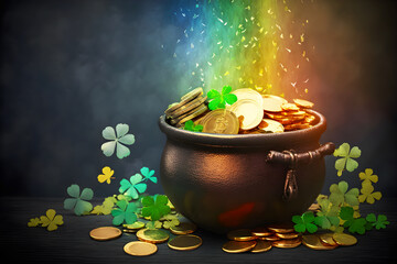 pot with gold coins st patrick's day concept - obrazy, fototapety, plakaty