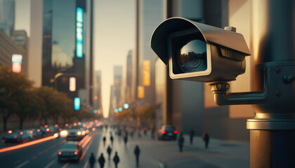 Security camera monitoring the activity on a busy city street. Based on Generative AI - obrazy, fototapety, plakaty