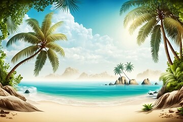 Tropical beach with palm trees background. Generative ai