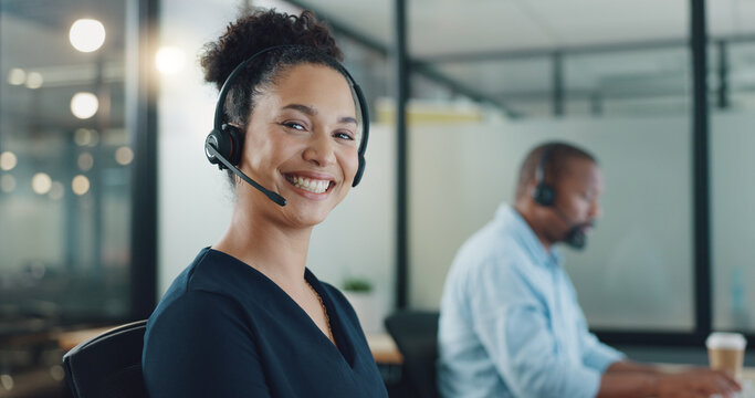 Face, business and woman in call center, telemarketing and customer support in office. Portrait, female agent or consultant with headset, conversation or consulting for digital marketing, crm or help