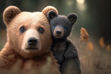 a mother cream bear and a baby bear. Dark brown in the forest. generative ai