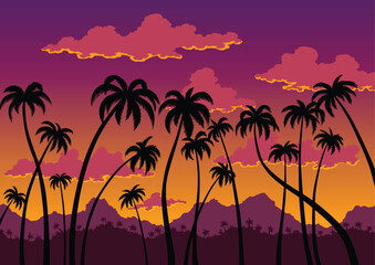 Fototapeta na wymiar California sunset landscape. Coast wallpaper with black silhouette palm trees. Nature panorama of scenic violet-orange sky, tropical forest and mountains. Vector illustration