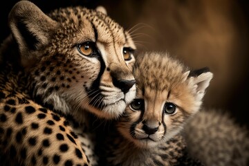 a cheetah mother and cub in each other's arms. generative ai