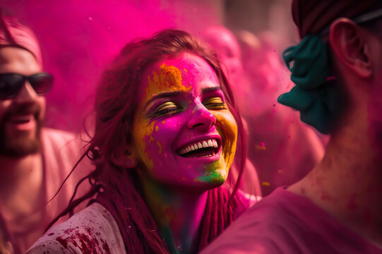 AI illustration of a woman engulfed in color powder on a Holi festival