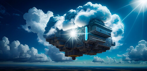 Obraz na płótnie Canvas Generative AI Glowing Cloud icon technology concept, exploded panel with cloud services and data protection, artificial intelligence information processing, for techology futuristic background banner