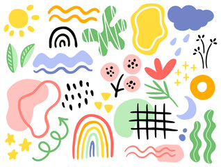Set of hand drawn figures and doodles. Abstract modern trendy vector illustration. Isolated elements in bright spring summer colors.