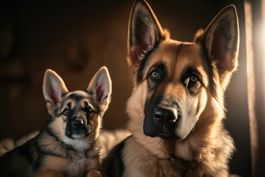 German Shepherd dog with her baby, real photo.generative ai