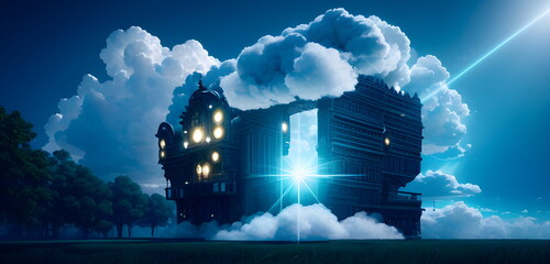 Fototapeta na wymiar Generative AI Glowing Cloud icon technology concept, exploded panel with cloud services and data protection, artificial intelligence information processing, for techology futuristic background banner