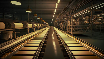 Obraz premium Inside a Modern Factory with Assembly Line and Conveyor Belt System, Generative AI