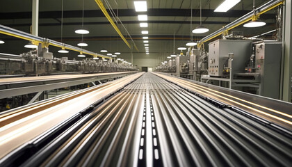 Fototapeta premium Inside the World of Manufacturing, Factory Conveyor Belt Assembly Line and Machinery, Generative AI