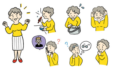 高齢女性の日常の困りごと（白髪・グレイヘアの女性）イラストセット