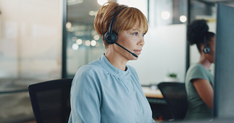 Call center, customer service and woman in office thinking while consulting. Telemarketing,...