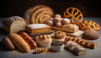 Heap of fresh baked bread on wooden background. Assortment of fresh delicious baked bread on dark background. generative ai

